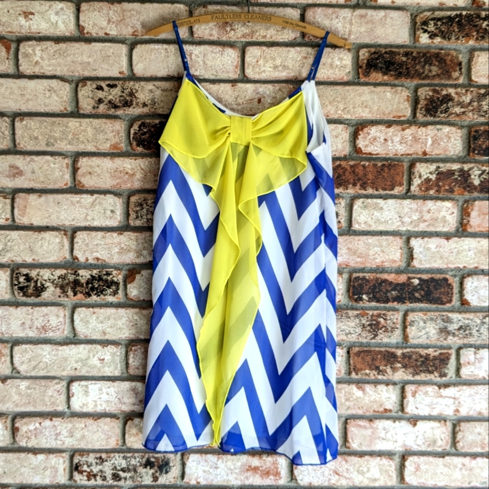 💛 Miin Blue and White Chevron with Yellow Ruffle Bow Mini Dress M